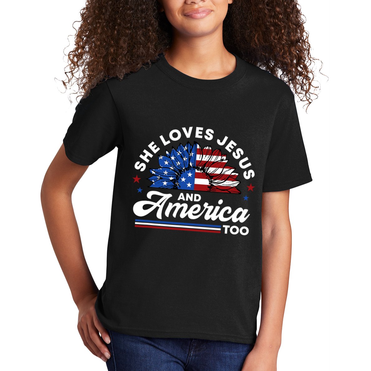 She Loves Jesus And America Too Christian Patriot Sunflower Kids T-Shirt