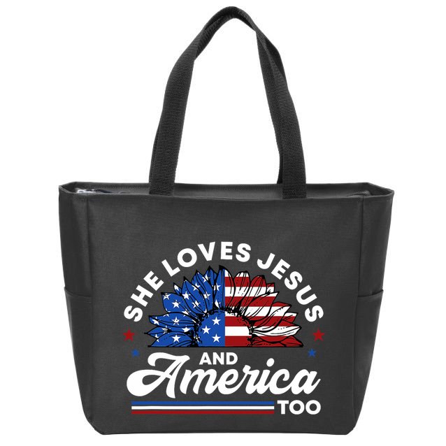 She Loves Jesus And America Too Christian Patriot Sunflower Zip Tote Bag