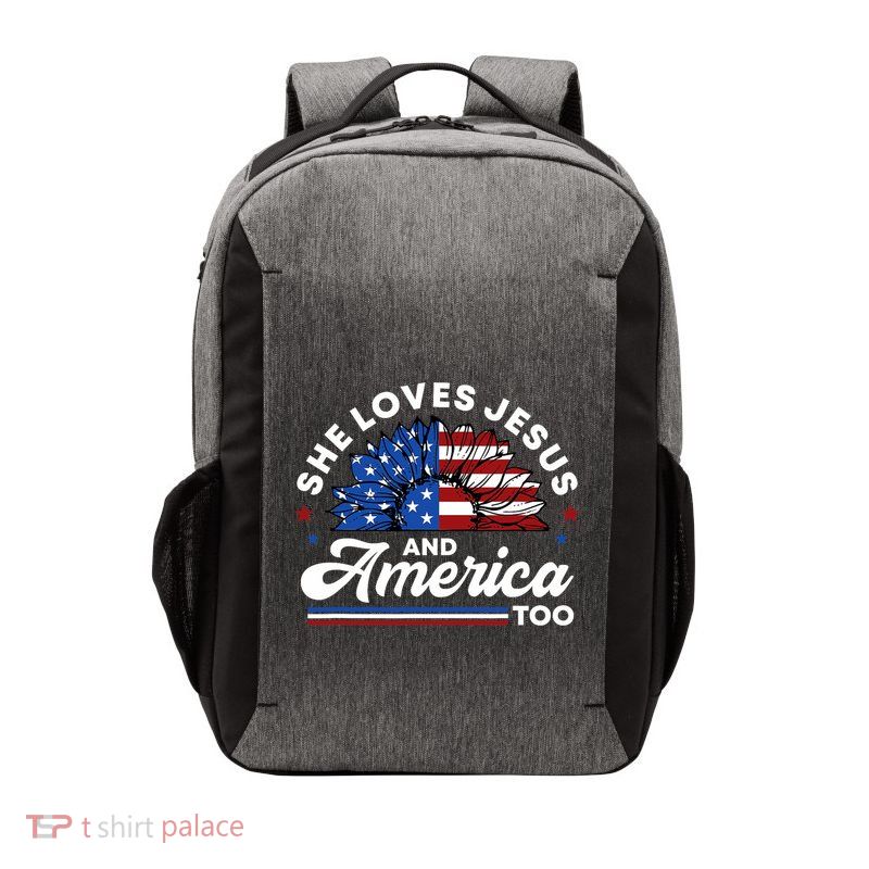 She Loves Jesus And America Too Christian Patriot Sunflower Vector Backpack