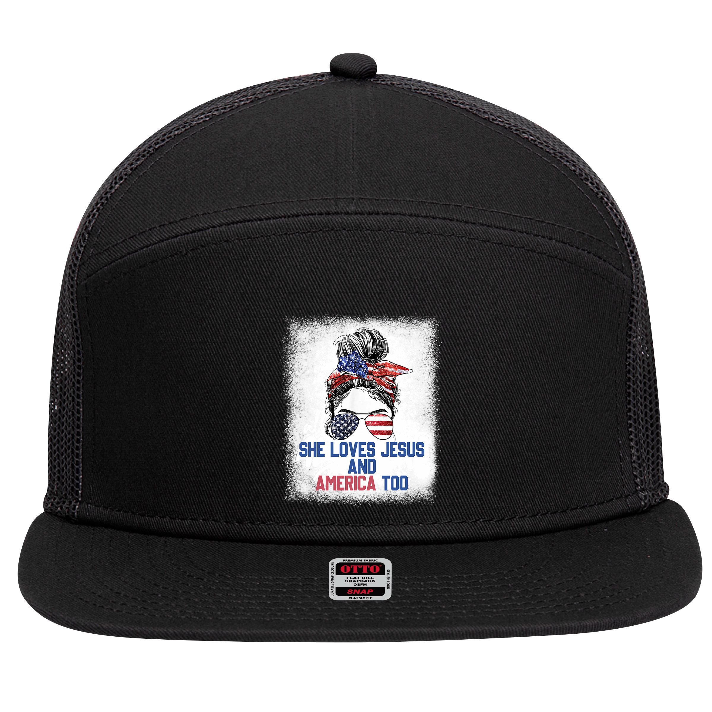 She Loves Jesus And America Too 4th Of July Christian Lover 7 Panel Mesh Trucker Snapback Hat