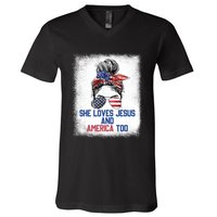 She Loves Jesus And America Too 4th Of July Christian Lover V-Neck T-Shirt