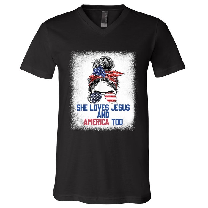 She Loves Jesus And America Too 4th Of July Christian Lover V-Neck T-Shirt