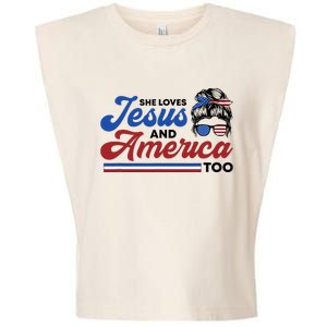 She Loves Jesus And America Too 4th of July Proud Christian Garment-Dyed Women's Muscle Tee