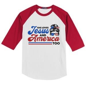 She Loves Jesus And America Too 4th of July Proud Christian Kids Colorblock Raglan Jersey