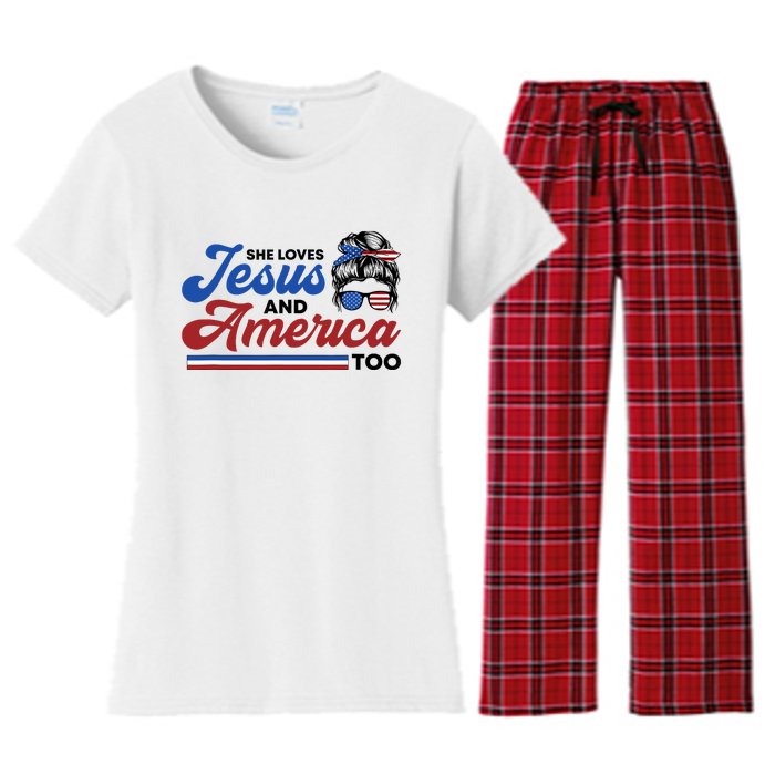 She Loves Jesus And America Too 4th of July Proud Christian Women's Flannel Pajama Set