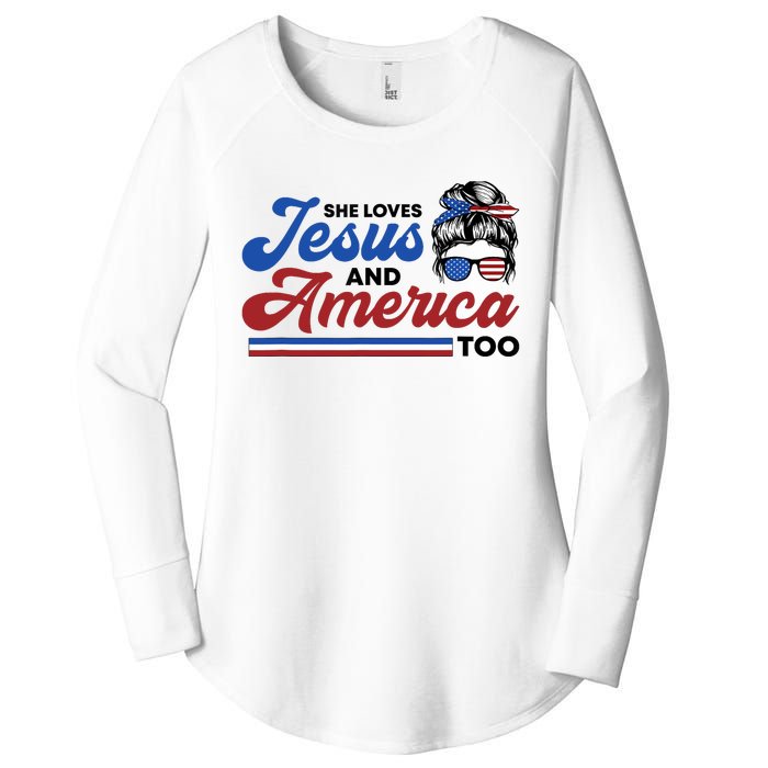 She Loves Jesus And America Too 4th of July Proud Christian Women's Perfect Tri Tunic Long Sleeve Shirt