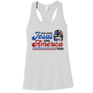 She Loves Jesus And America Too 4th of July Proud Christian Women's Racerback Tank