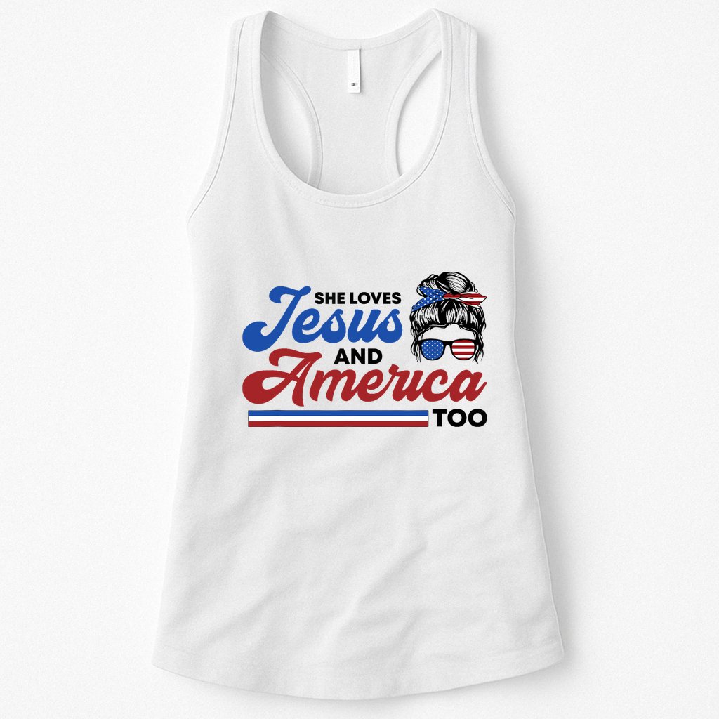 She Loves Jesus And America Too 4th of July Proud Christian Womens Tank Top