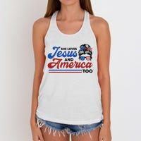 She Loves Jesus And America Too 4th of July Proud Christian Women's Knotted Racerback Tank