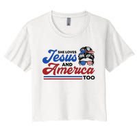 She Loves Jesus And America Too 4th of July Proud Christian Women's Crop Top Tee