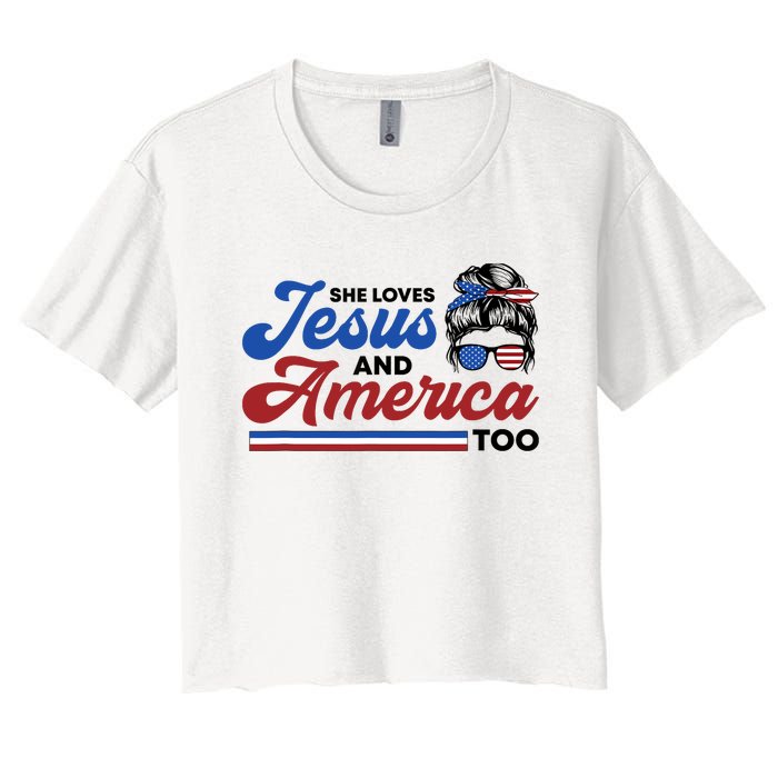 She Loves Jesus And America Too 4th of July Proud Christian Women's Crop Top Tee