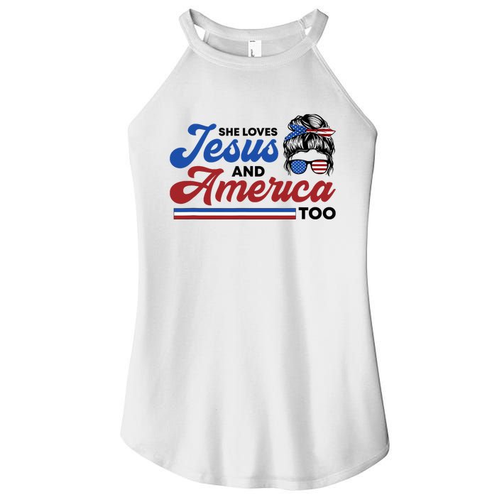 She Loves Jesus And America Too 4th of July Proud Christian Women's Perfect Tri Rocker Tank