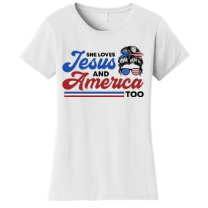 She Loves Jesus And America Too 4th of July Proud Christian Women's T-Shirt