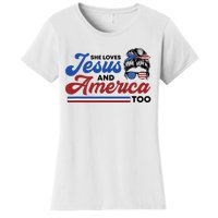 She Loves Jesus And America Too 4th of July Proud Christian Women's T-Shirt