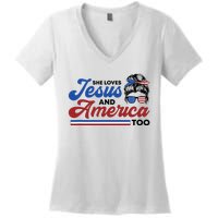 She Loves Jesus And America Too 4th of July Proud Christian Women's V-Neck T-Shirt