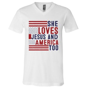 She Loves Jesus And America Too V-Neck T-Shirt