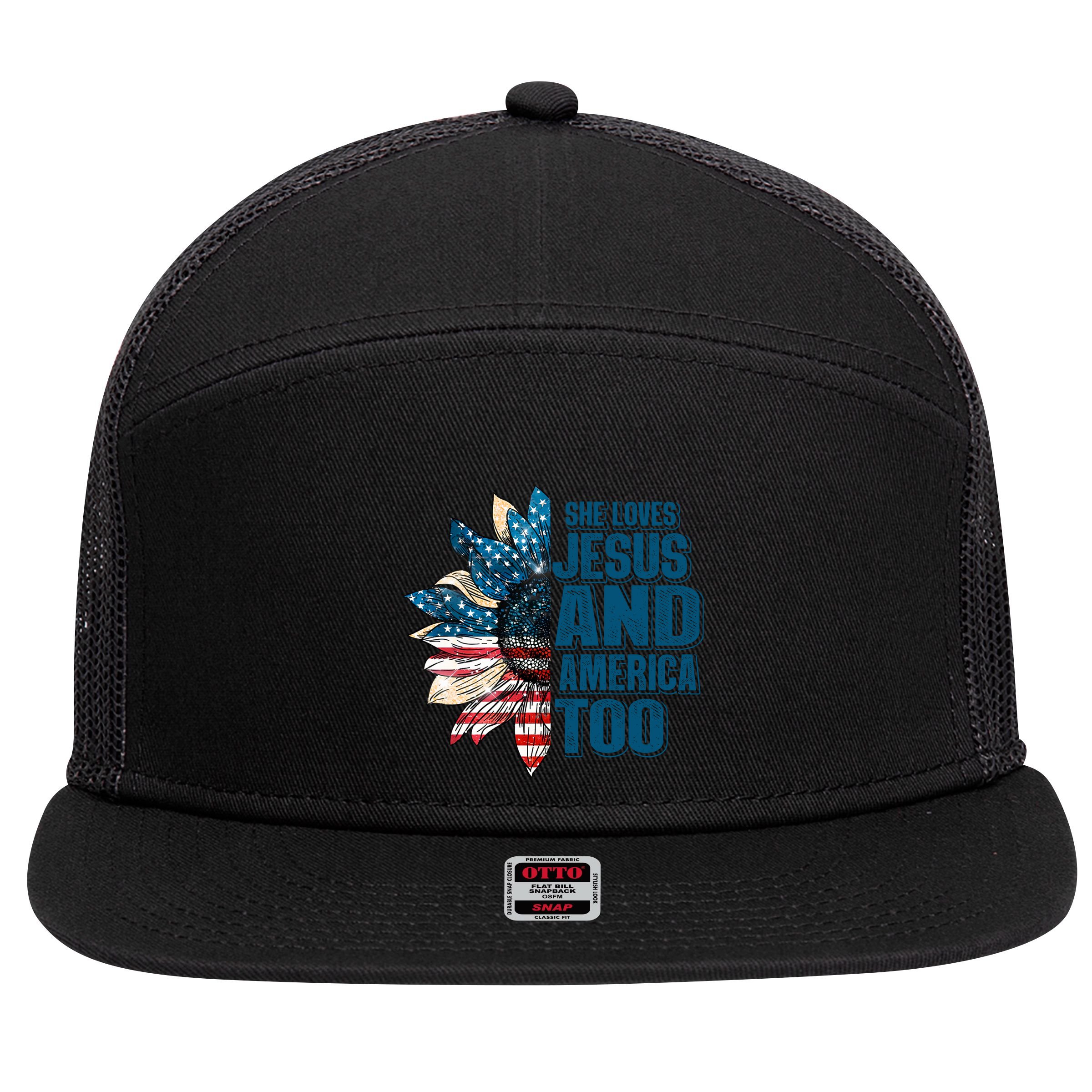She Loves Jesus And America Too Sunflower 4th Of July Independence Day 7 Panel Mesh Trucker Snapback Hat