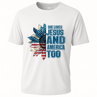 She Loves Jesus And America Too Sunflower 4th Of July Independence Day Cooling Performance Crew T-Shirt