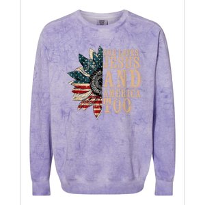 She Love Jesus And America Too Funny Sunflower America Flag Colorblast Crewneck Sweatshirt