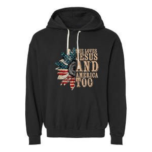 She Love Jesus And America Too Funny Sunflower America Flag Garment-Dyed Fleece Hoodie