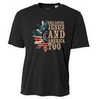 She Love Jesus And America Too Funny Sunflower America Flag Cooling Performance Crew T-Shirt