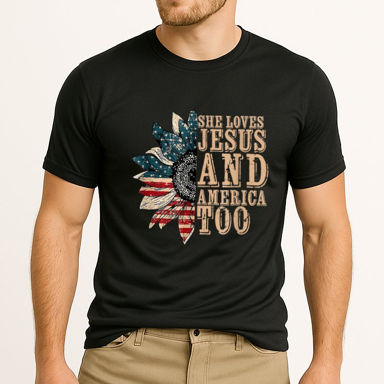 She Love Jesus And America Too Funny Sunflower America Flag Cooling Performance Crew T-Shirt