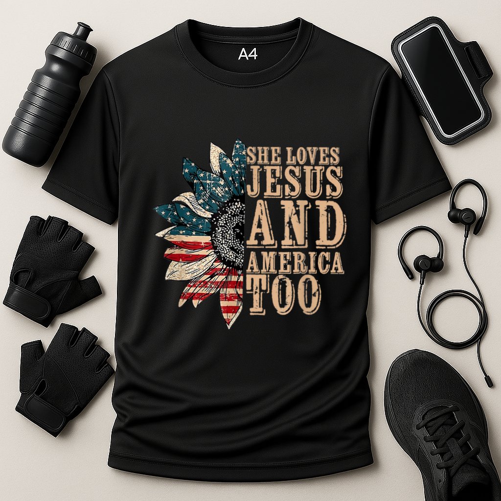 She Love Jesus And America Too Funny Sunflower America Flag Cooling Performance Crew T-Shirt