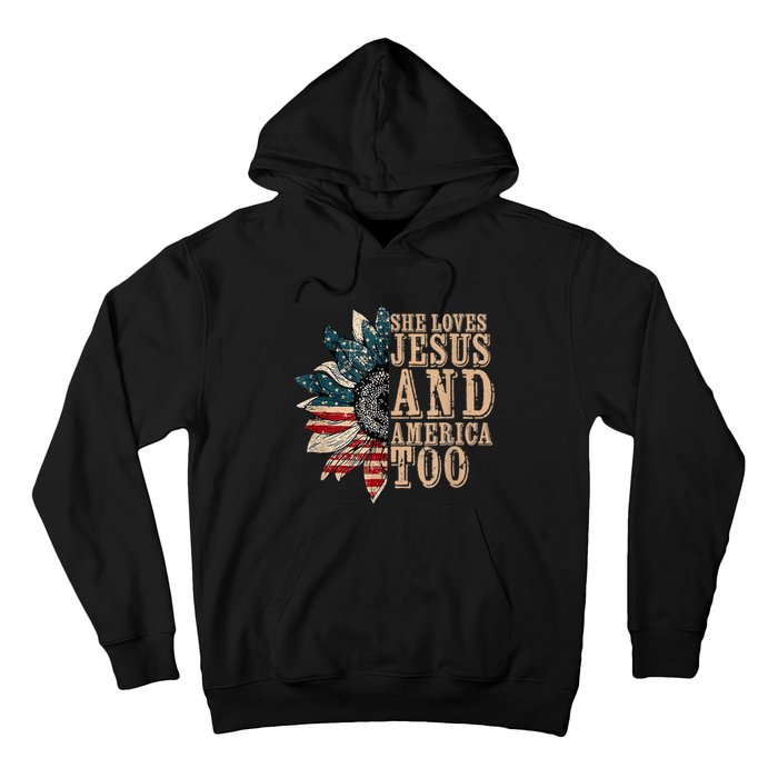 She Love Jesus And America Too Funny Sunflower America Flag Hoodie