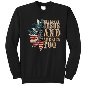 She Love Jesus And America Too Funny Sunflower America Flag Sweatshirt