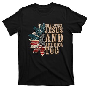 She Love Jesus And America Too Funny Sunflower America Flag T-Shirt