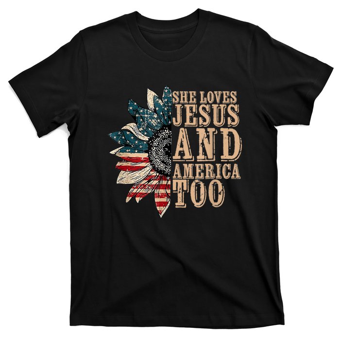 She Love Jesus And America Too Funny Sunflower America Flag T-Shirt