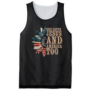 She Love Jesus And America Too Funny Sunflower America Flag Mesh Reversible Basketball Jersey Tank