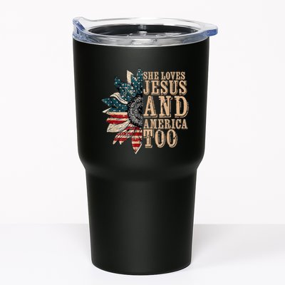 She Love Jesus And America Too Funny Sunflower America Flag Tumbler