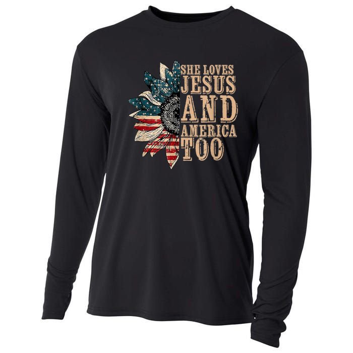 She Love Jesus And America Too Funny Sunflower America Flag Cooling Performance Long Sleeve Crew