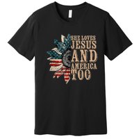 She Love Jesus And America Too Funny Sunflower America Flag Premium T-Shirt