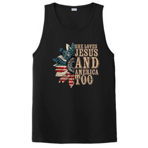 She Love Jesus And America Too Funny Sunflower America Flag PosiCharge Competitor Tank