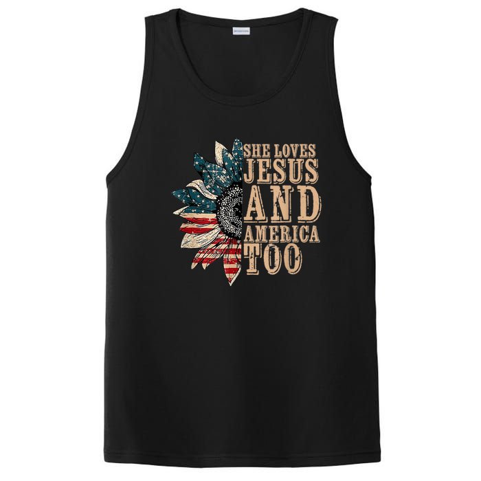 She Love Jesus And America Too Funny Sunflower America Flag PosiCharge Competitor Tank