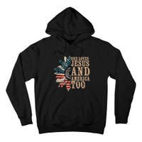 She Love Jesus And America Too Funny Sunflower America Flag Tall Hoodie