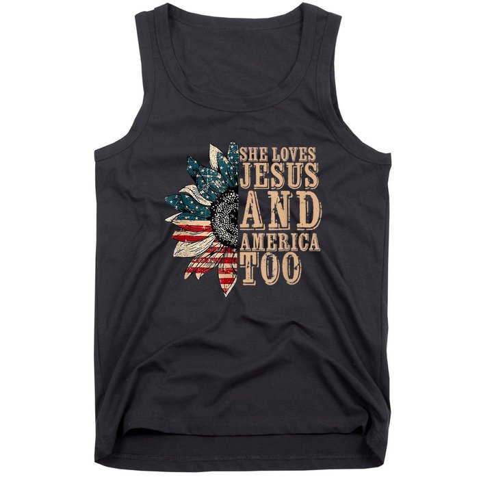 She Love Jesus And America Too Funny Sunflower America Flag Tank Top