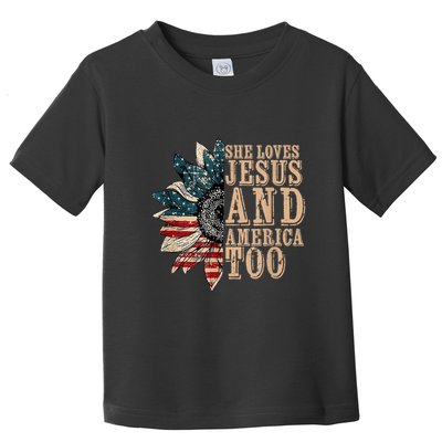 She Love Jesus And America Too Funny Sunflower America Flag Toddler T-Shirt