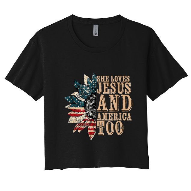 She Love Jesus And America Too Funny Sunflower America Flag Crop Top