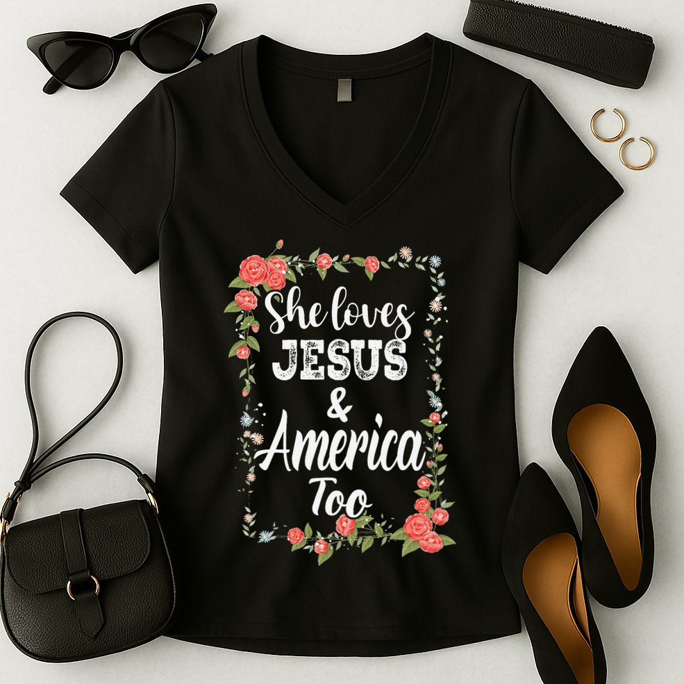 She Loves Jesus.And America Too 4th Of July Women's V-Neck T-Shirt