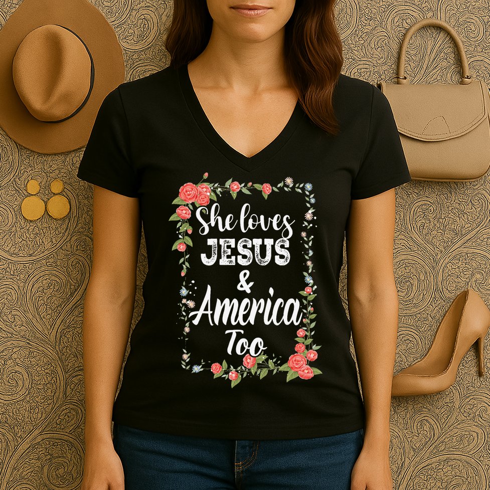She Loves Jesus.And America Too 4th Of July Women's V-Neck T-Shirt