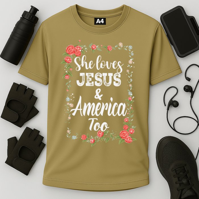 She Loves Jesus.And America Too 4th Of July Cooling Performance Crew T-Shirt