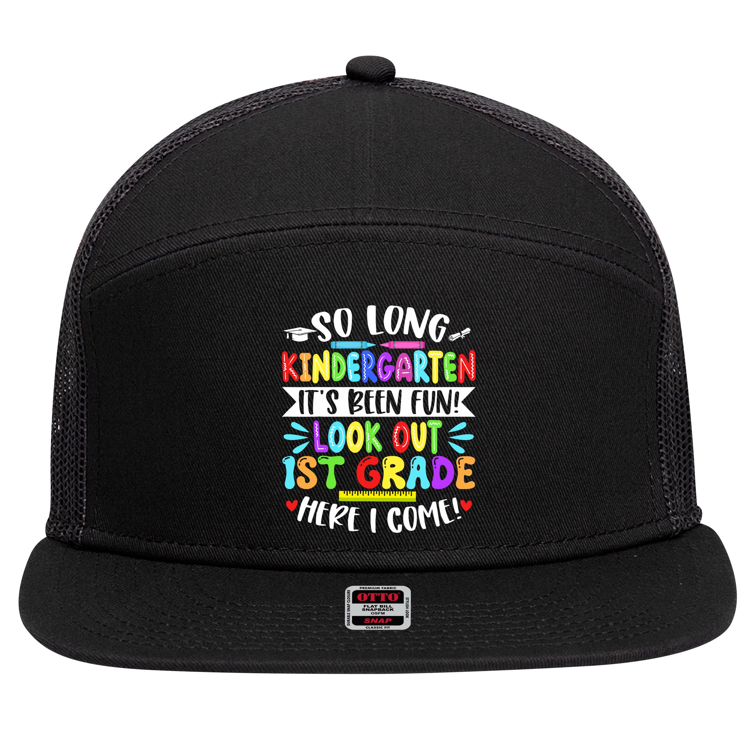 So Long Kindergarten Happy Last Day Of School Grad 2025  7 Panel Mesh Trucker Snapback Hat