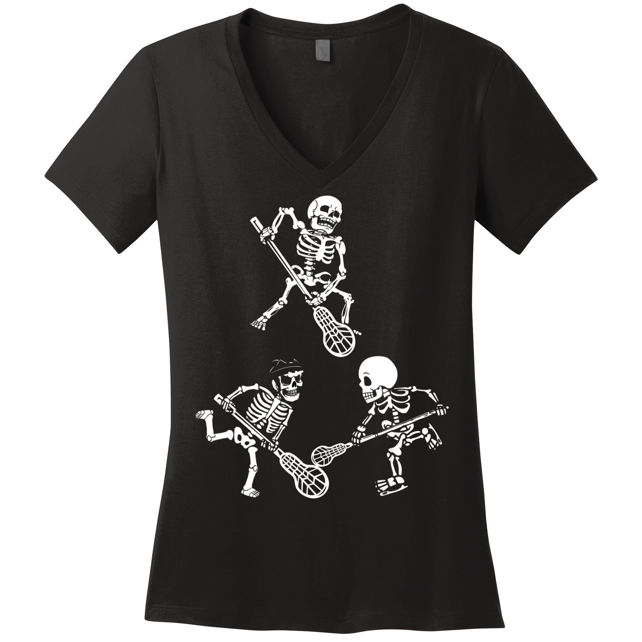 Skeleton Lacrosse Lover Spooky Vibes Halloween Costume Women's V-Neck T-Shirt