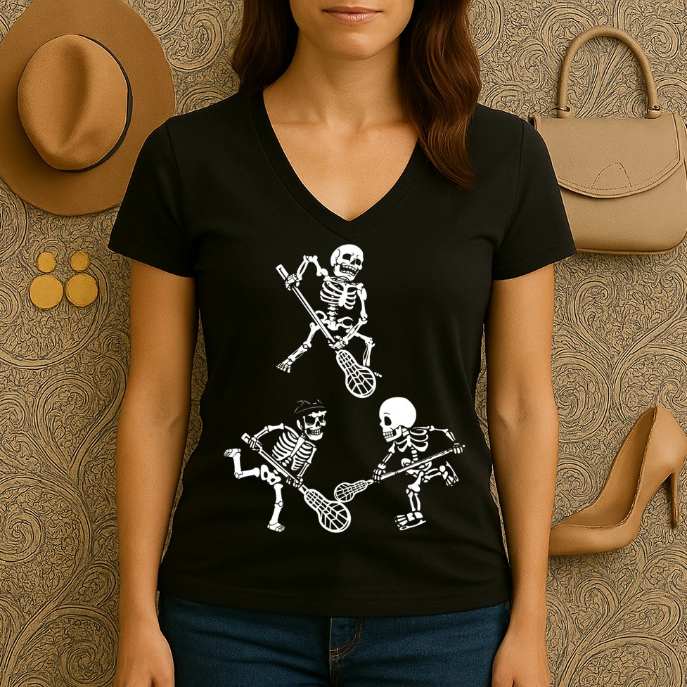 Skeleton Lacrosse Lover Spooky Vibes Halloween Costume Women's V-Neck T-Shirt
