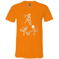 Skeleton Lacrosse Lover Spooky Vibes Halloween Costume V-Neck T-Shirt