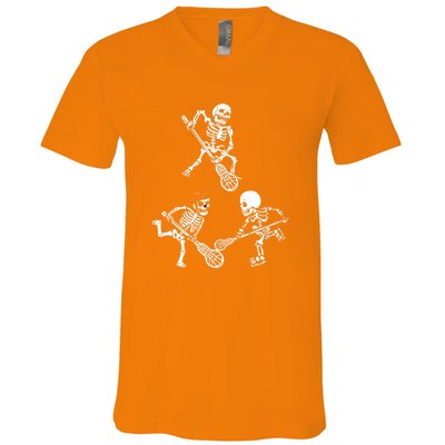 Skeleton Lacrosse Lover Spooky Vibes Halloween Costume V-Neck T-Shirt