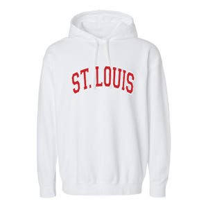 St Louis Missouri Varsity Style Red Text Gift Garment-Dyed Fleece Hoodie